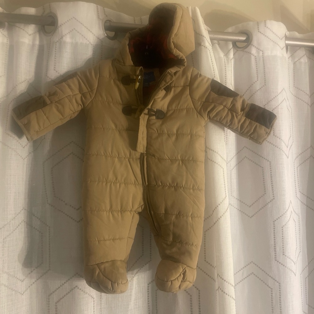 Perry Ellis Boys 3-6M 1pc Snowsuit Quilted Beige/Brown Hood Zip Closed Hand